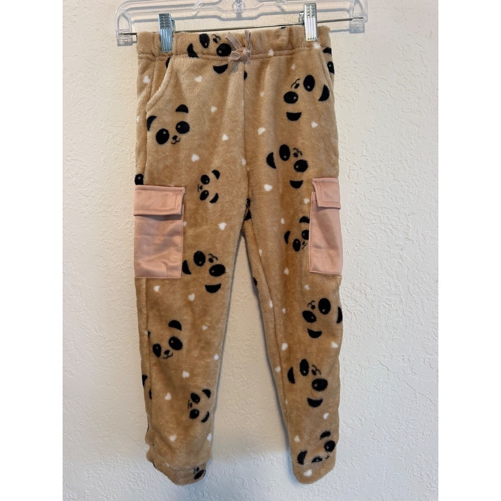 Emma & Elsa Girls Tan Panda Heart Plush Fleece Cargo Jogger Pants Size 6